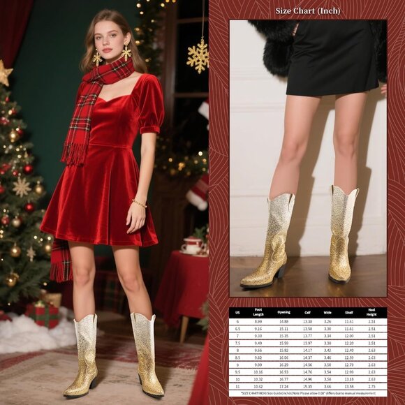 ⚡Women’s Gold Silver Rhinestone Cowboy Boots Mid Calf Pointed Toe Block Heel - Picture 6 of 6